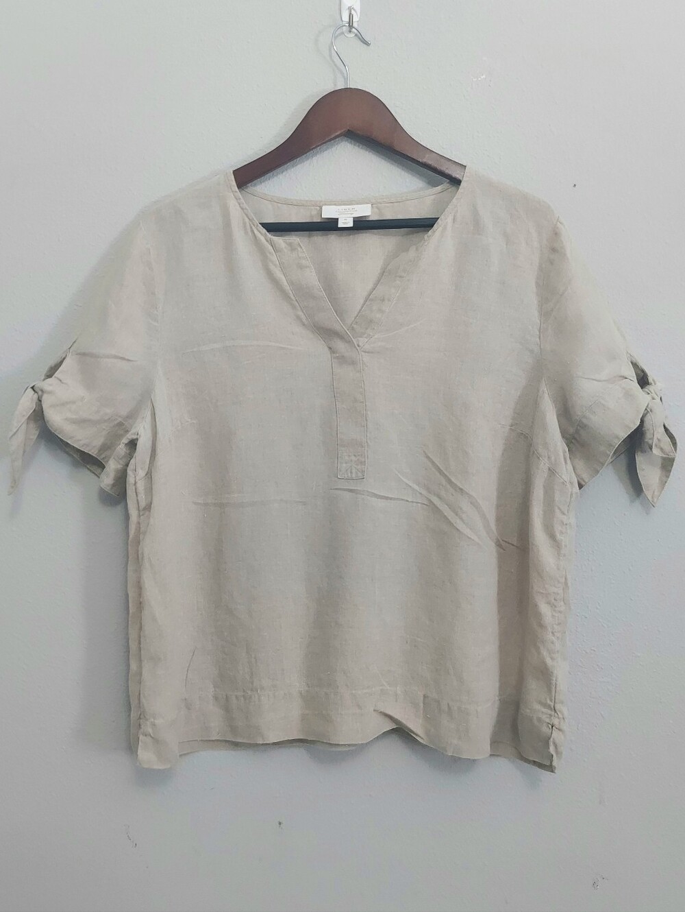 Charter Club Luxury Linen Split Neck Tie Cuff Top Beige XL Coastal